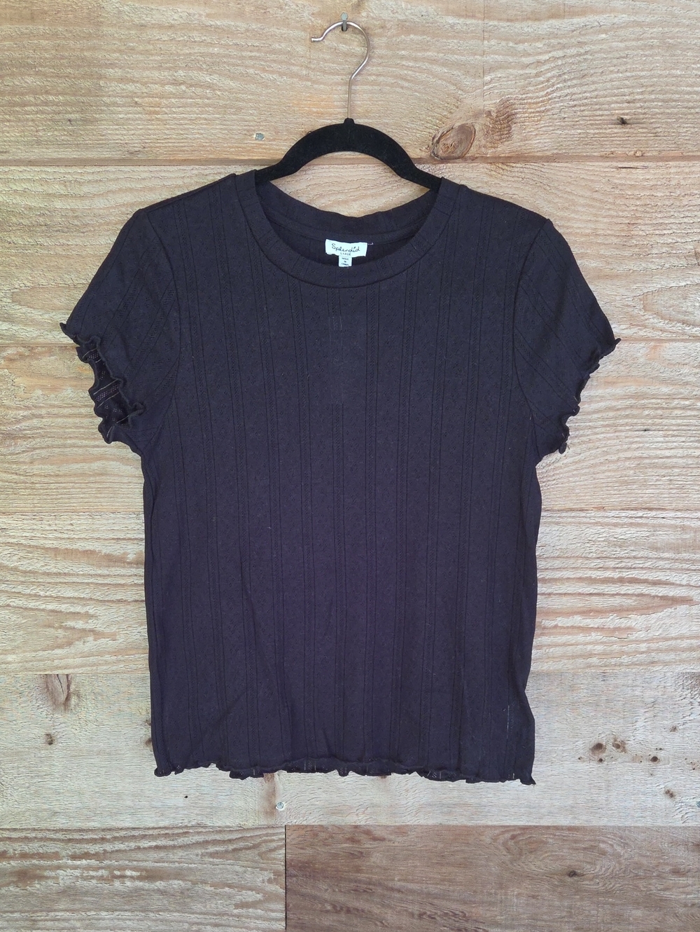 Splendid Size Large Black Ribbed Tee with Lettuce-Edge Trim NWT